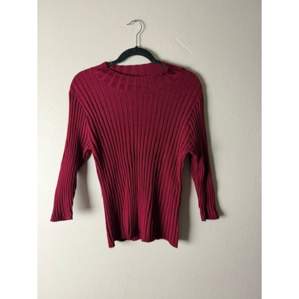Nina Leonard Burgundy Ribbed Mock Neck Top 3/4 Sleeve Knit Shirt PXL Womens